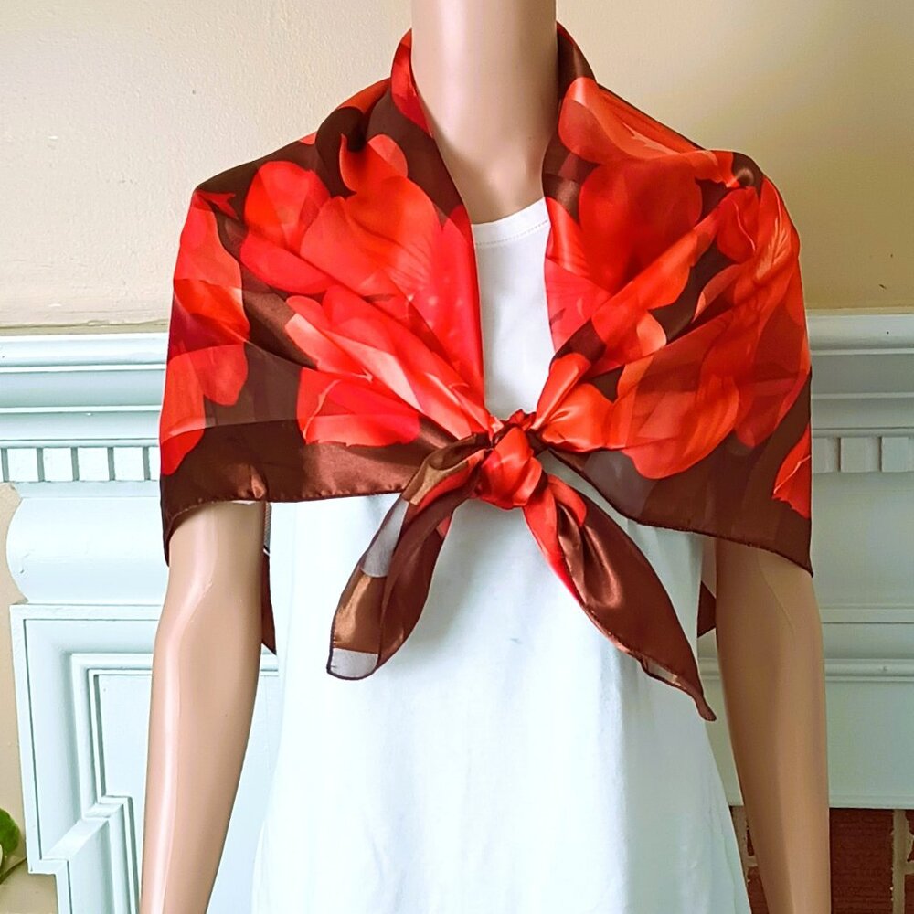 Perry Ellis Square Floral Scarf 40" x 40" Women's Orange & Brown Silky Feel - Picture 6 of 10